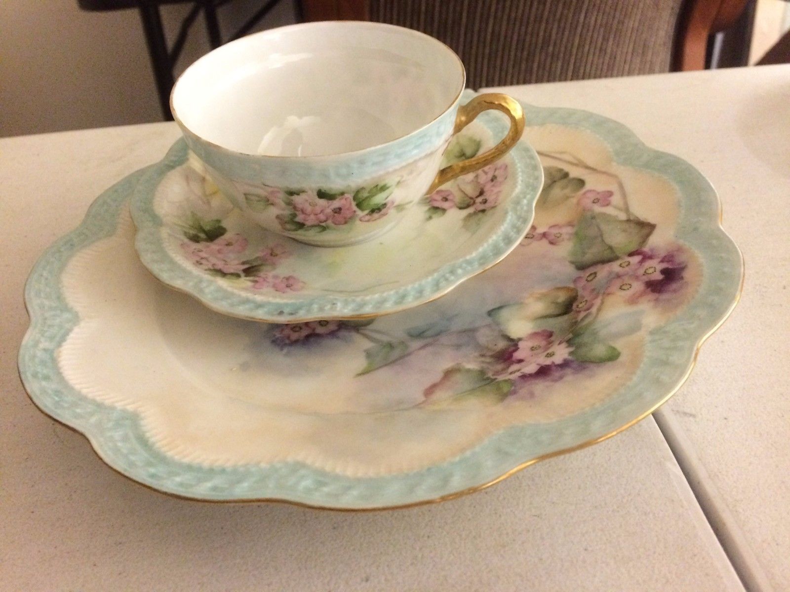 Haviland Limoges France Hand Painted Trio Cup Saucer Plate Florals & Gold