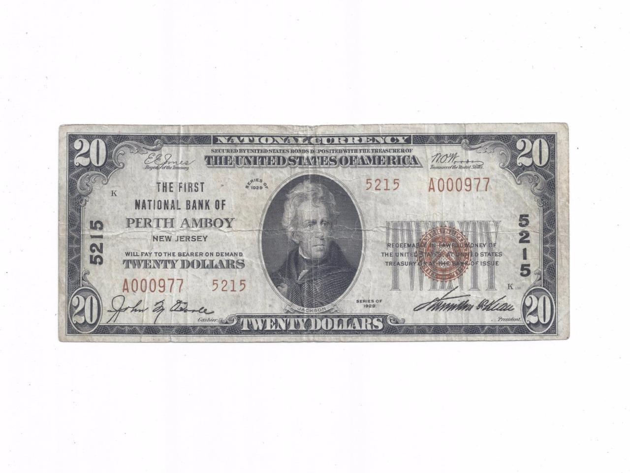 1929 Type 2 First National Bank Of Perth Amboy NJ 5215 $20 Note - 1 of 2 Known