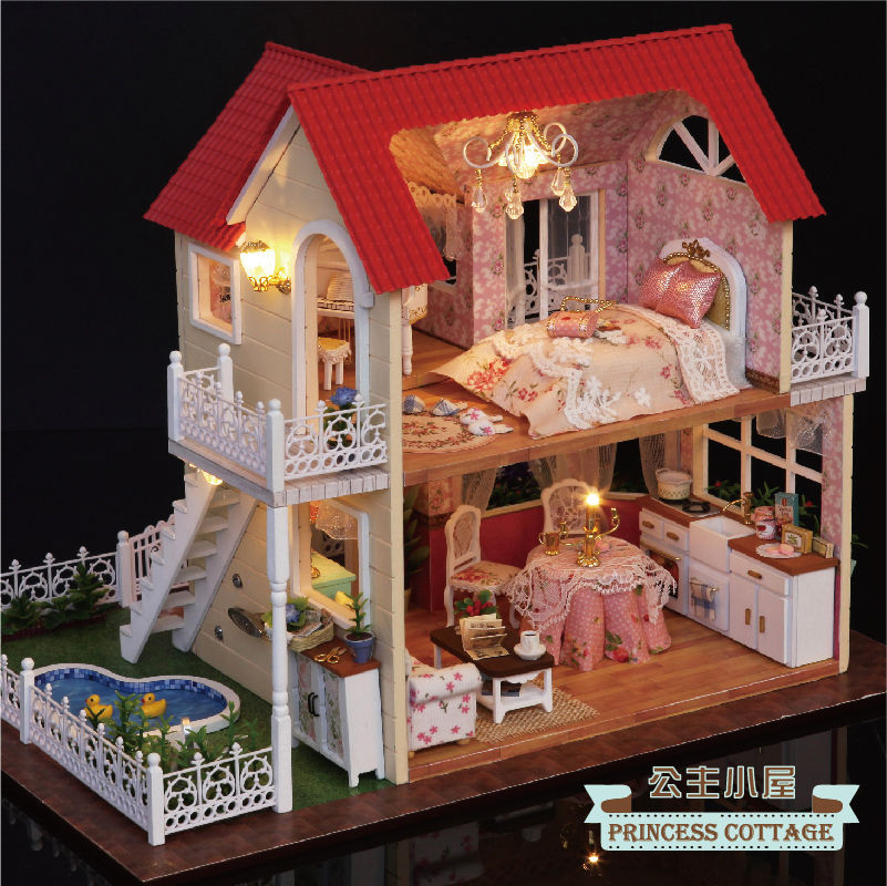 New Dollhouse Miniature DIY Kit Dolls House With Furniture Gift Princess Cottage