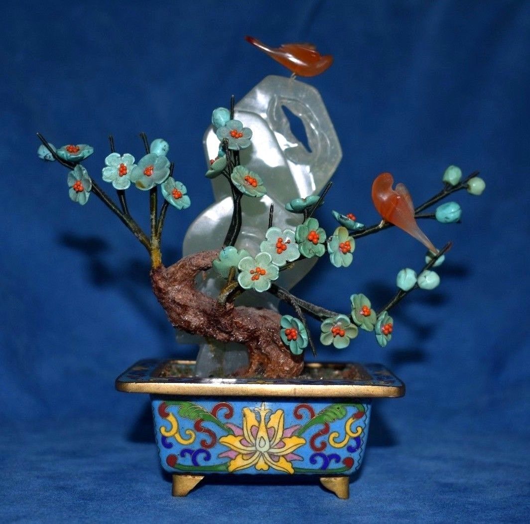 Beautiful Vintage Chinese Cloisonne Planter Turquoise Flowers Jade Bonsai Tree