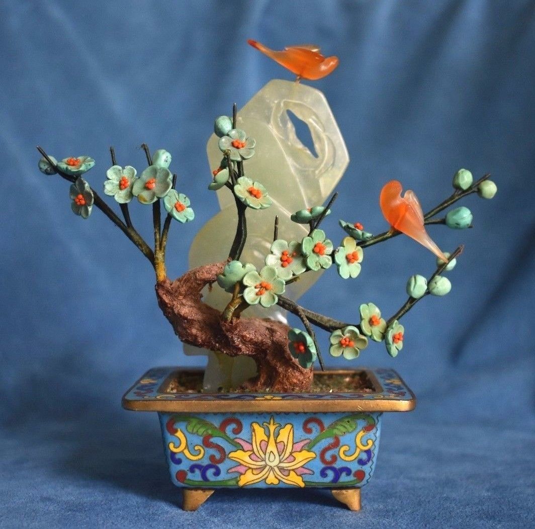 Beautiful Vintage Chinese Cloisonne Planter Turquoise Flowers Jade Bonsai Tree