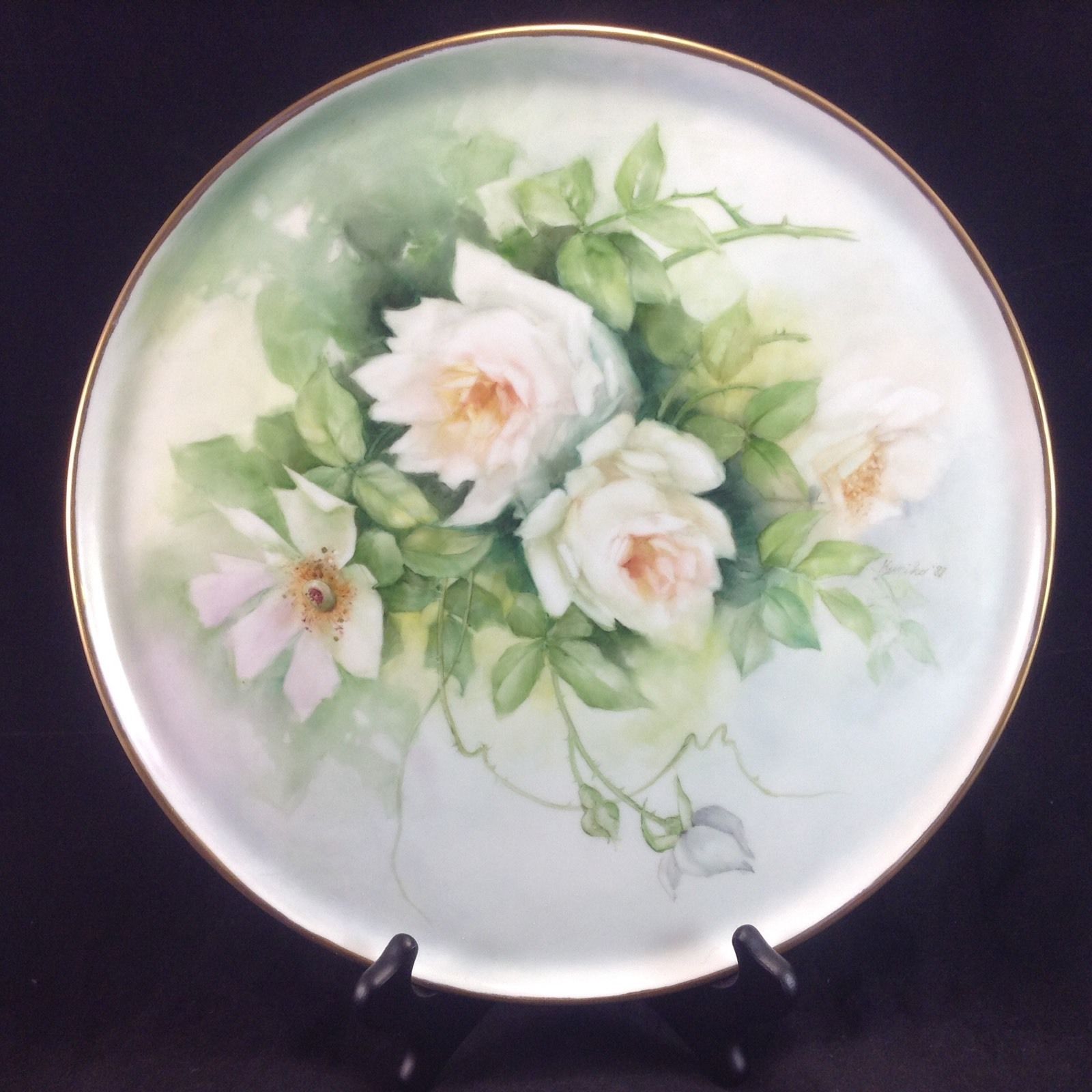 Limoges 12” Platter Tray Hand Painted Signed White Roses Flowers Vintage