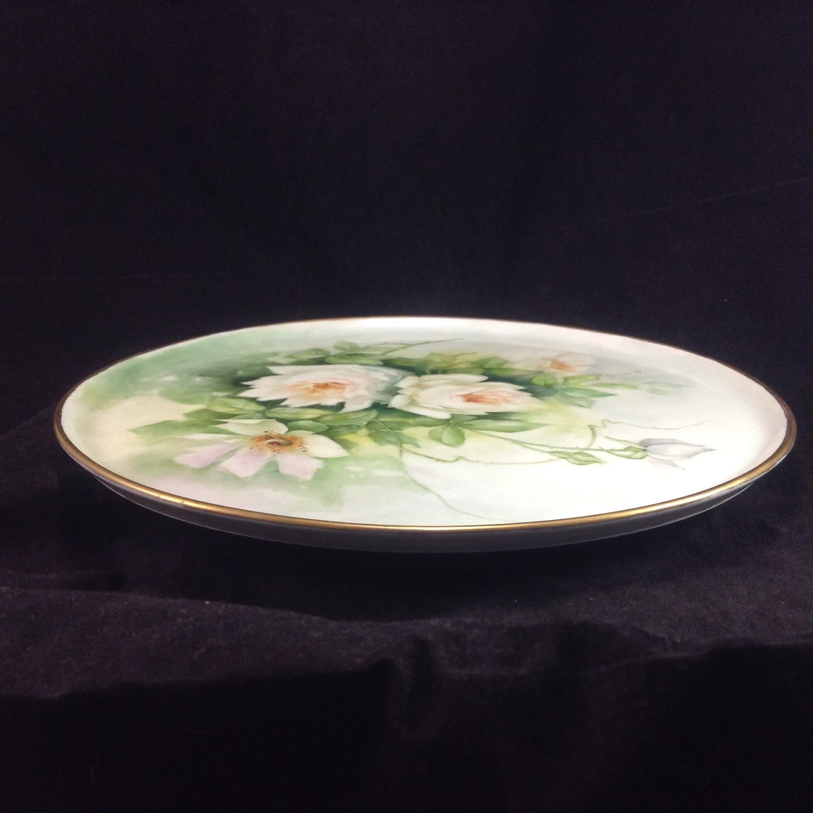 Limoges 12” Platter Tray Hand Painted Signed White Roses Flowers Vintage