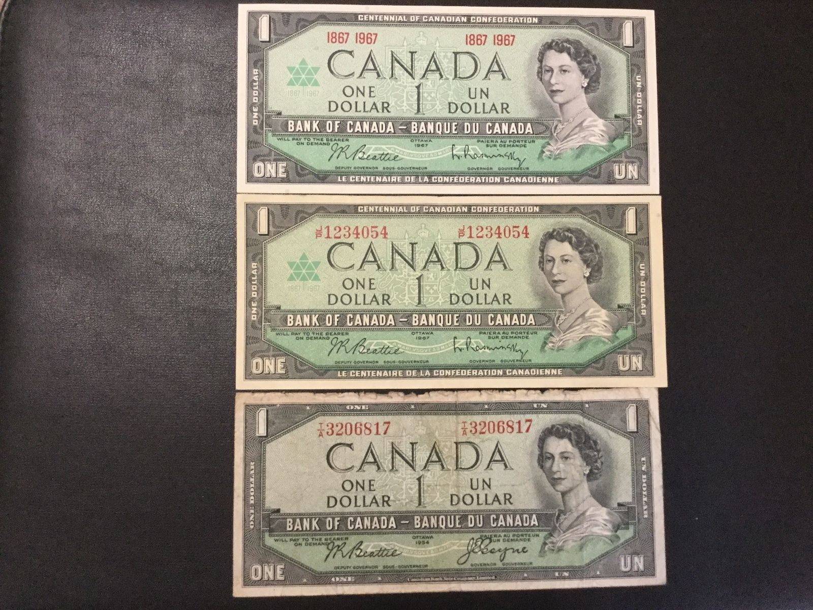 1954-1967 CANADA ONE DOLLAR PAPER MONEY - LOT OF 3 BANKNOTES !