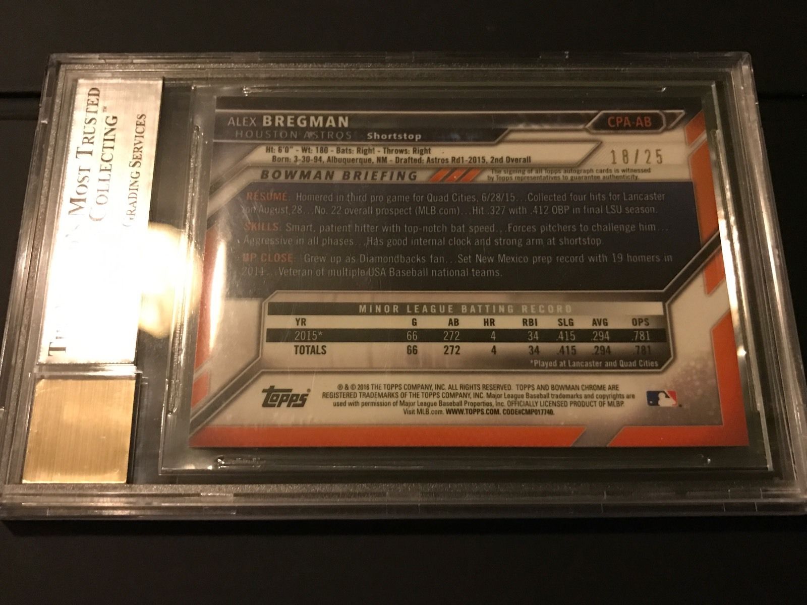 2016 Bowman Chrome Alex Bregman Orange Refractor BGS 9 Auto 10 Rookie RC