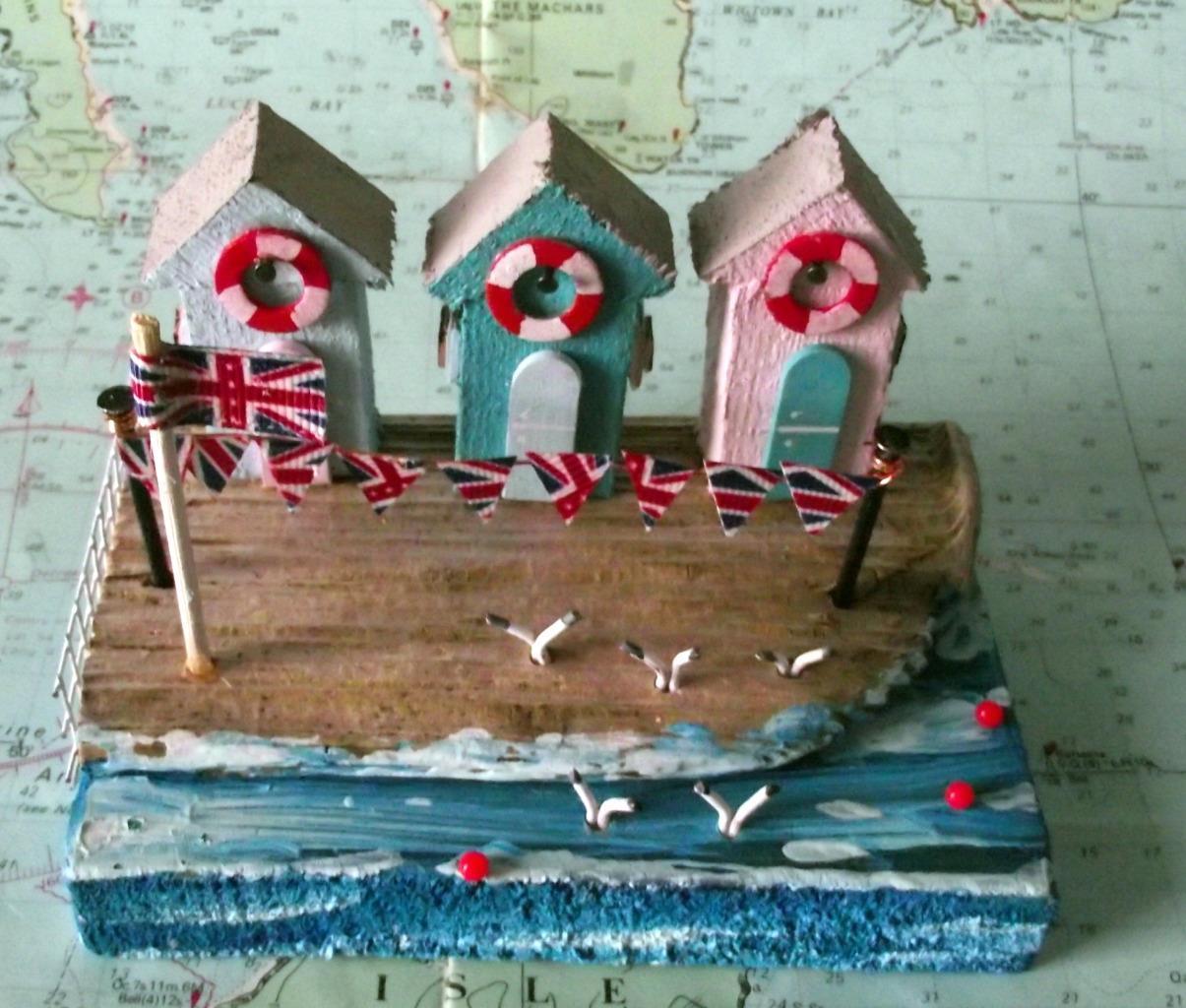 Driftwood Sculpture Three Bathing Huts Galloway Colourist Artist EALASAID CREAG