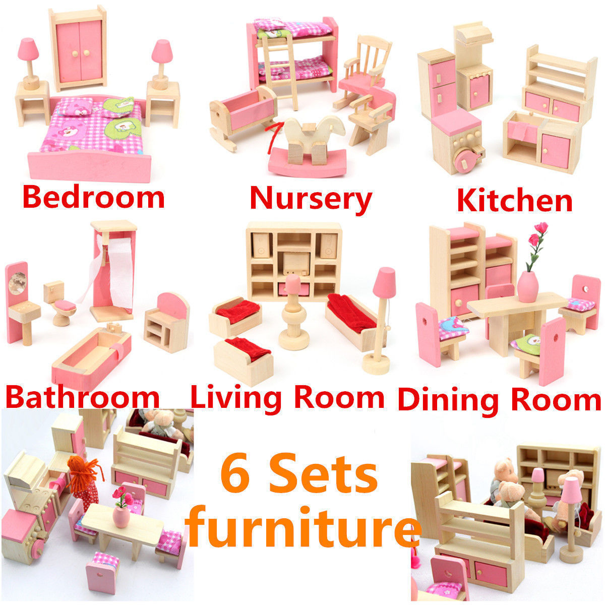 Wooden Doll Set Children Toys Miniature House Family Furniture Kit Accessories