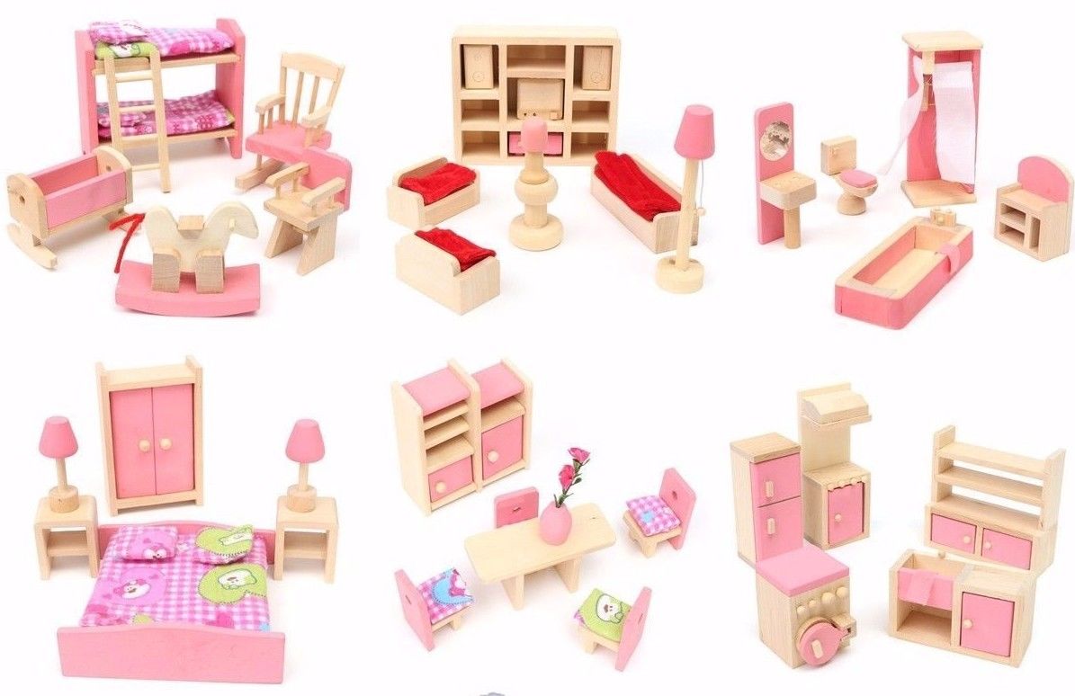 Wooden Doll Set Children Toys Miniature House Family Furniture Kit Accessories