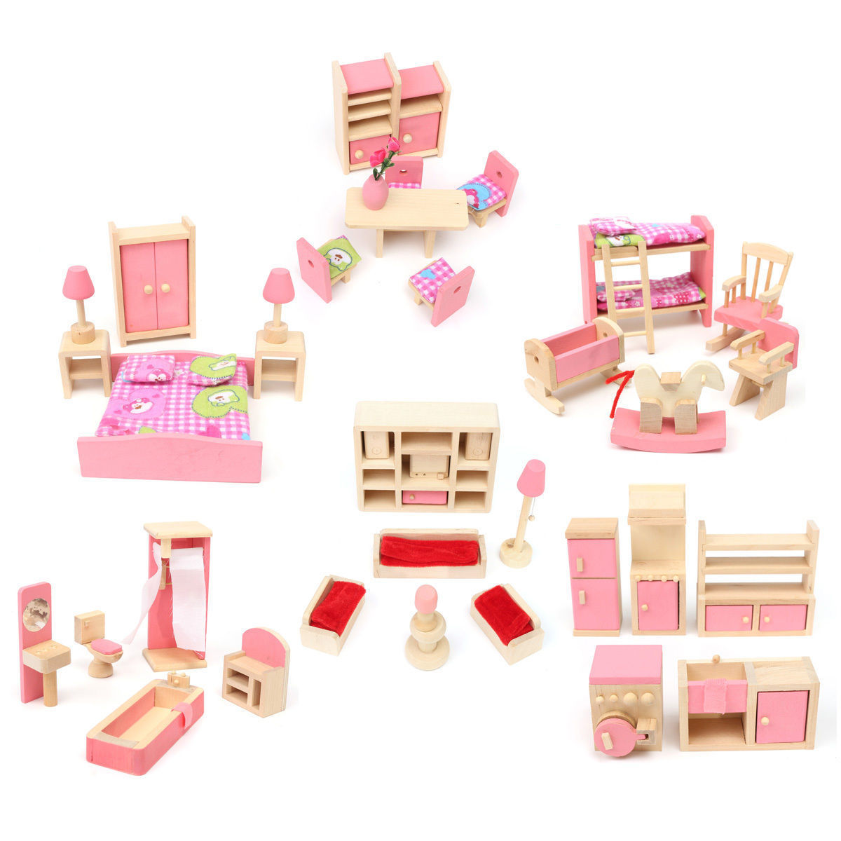 Wooden Doll Set Children Toys Miniature House Family Furniture Kit Accessories