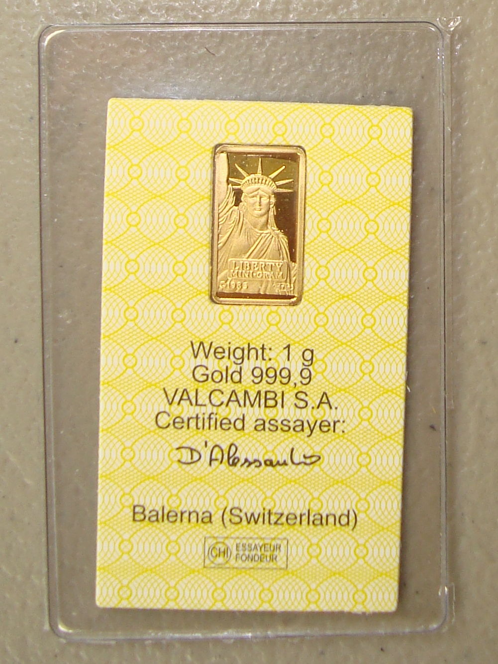 ~ Credit Suisse 1 Gram .9999 Fine Gold Liberty Bullion Bar ~