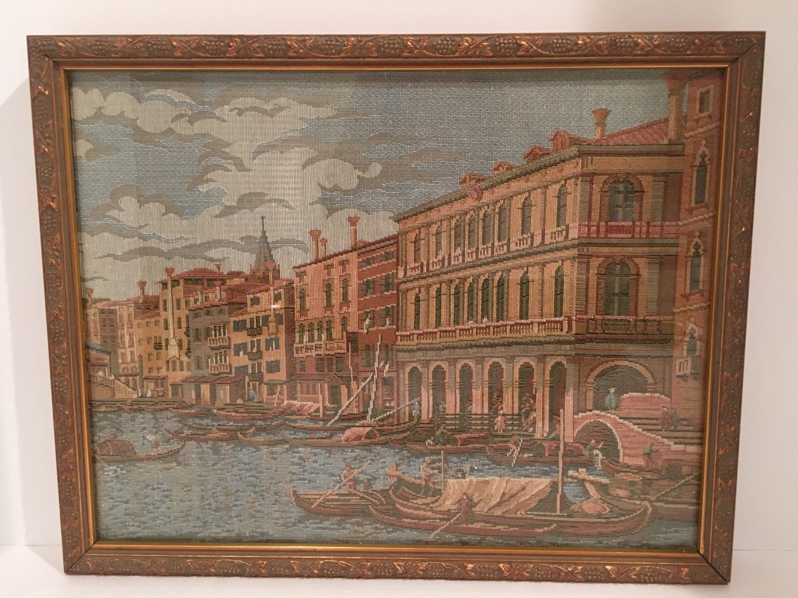 Vintage Framed Italian Tapestry Art of Venice Canal Waterway under glass