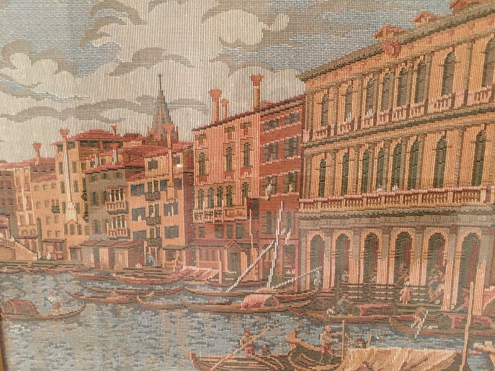 Vintage Framed Italian Tapestry Art of Venice Canal Waterway under glass