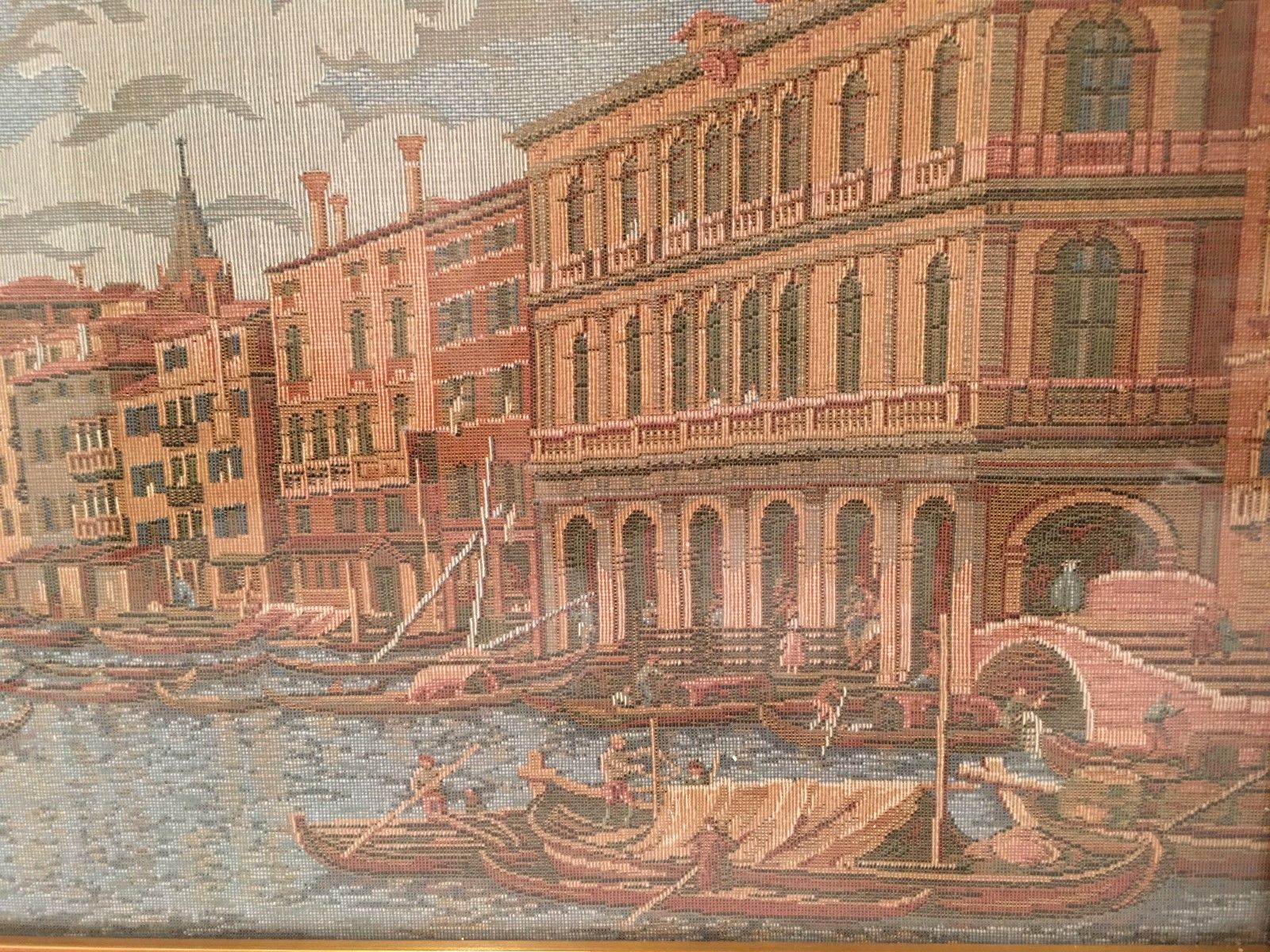 Vintage Framed Italian Tapestry Art of Venice Canal Waterway under glass