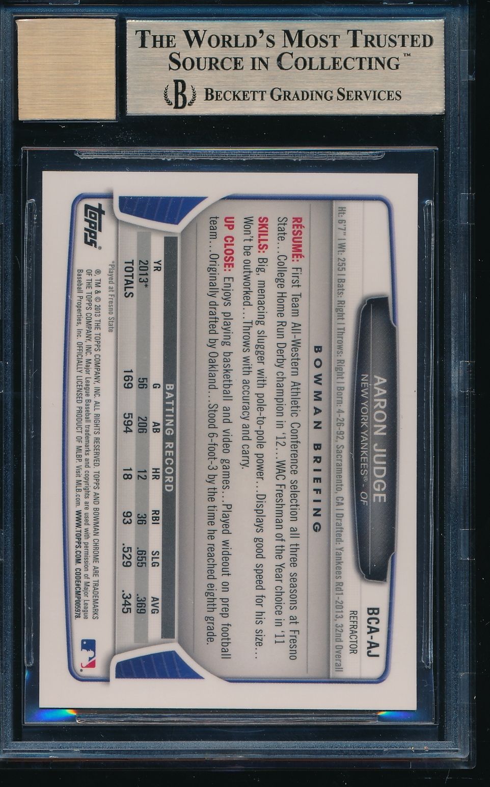 2013 Bowman Chrome Aaron Judge Refractor Auto Autograph BGS 9.5/10 True Gem Mint