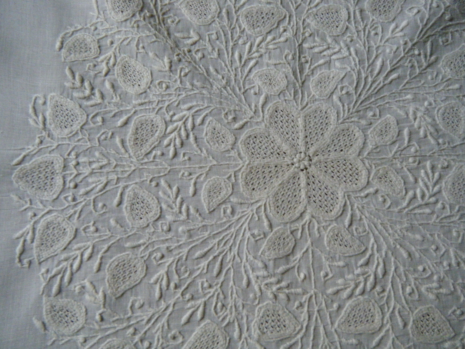 Antique Museum quality 18c tea Tablecloth French hand done white embroidery