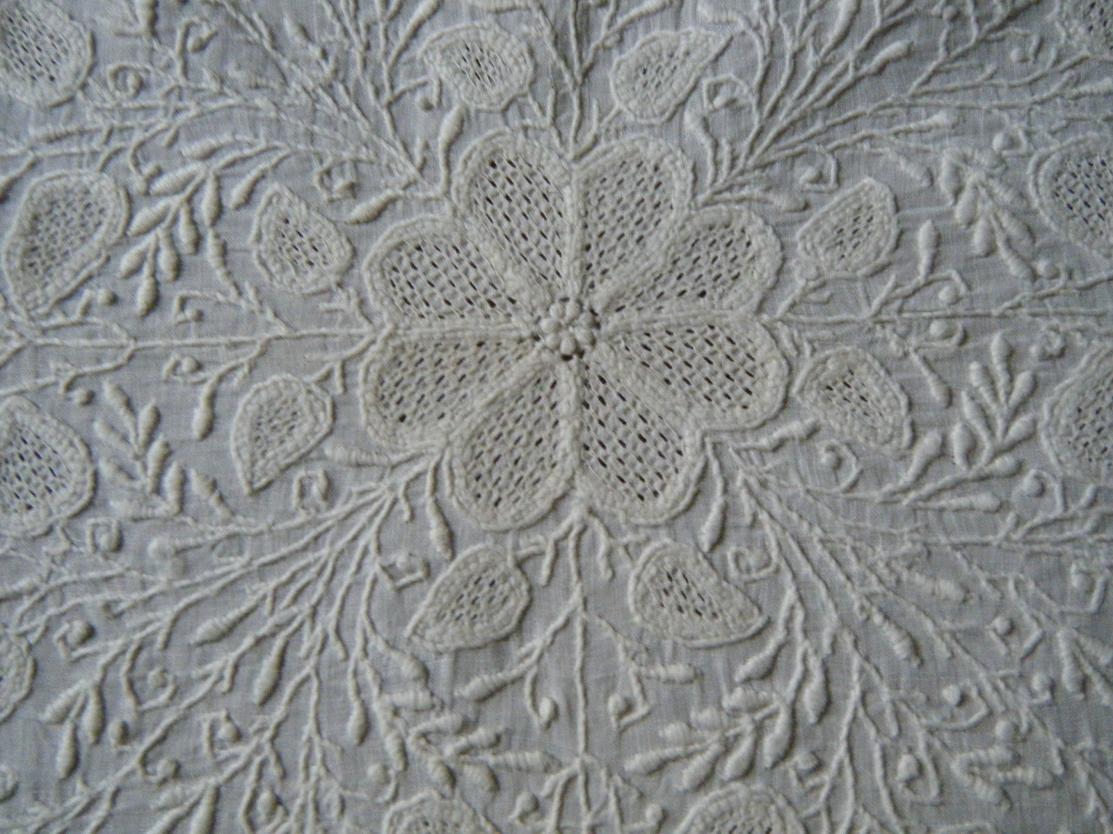 Antique Museum quality 18c tea Tablecloth French hand done white embroidery