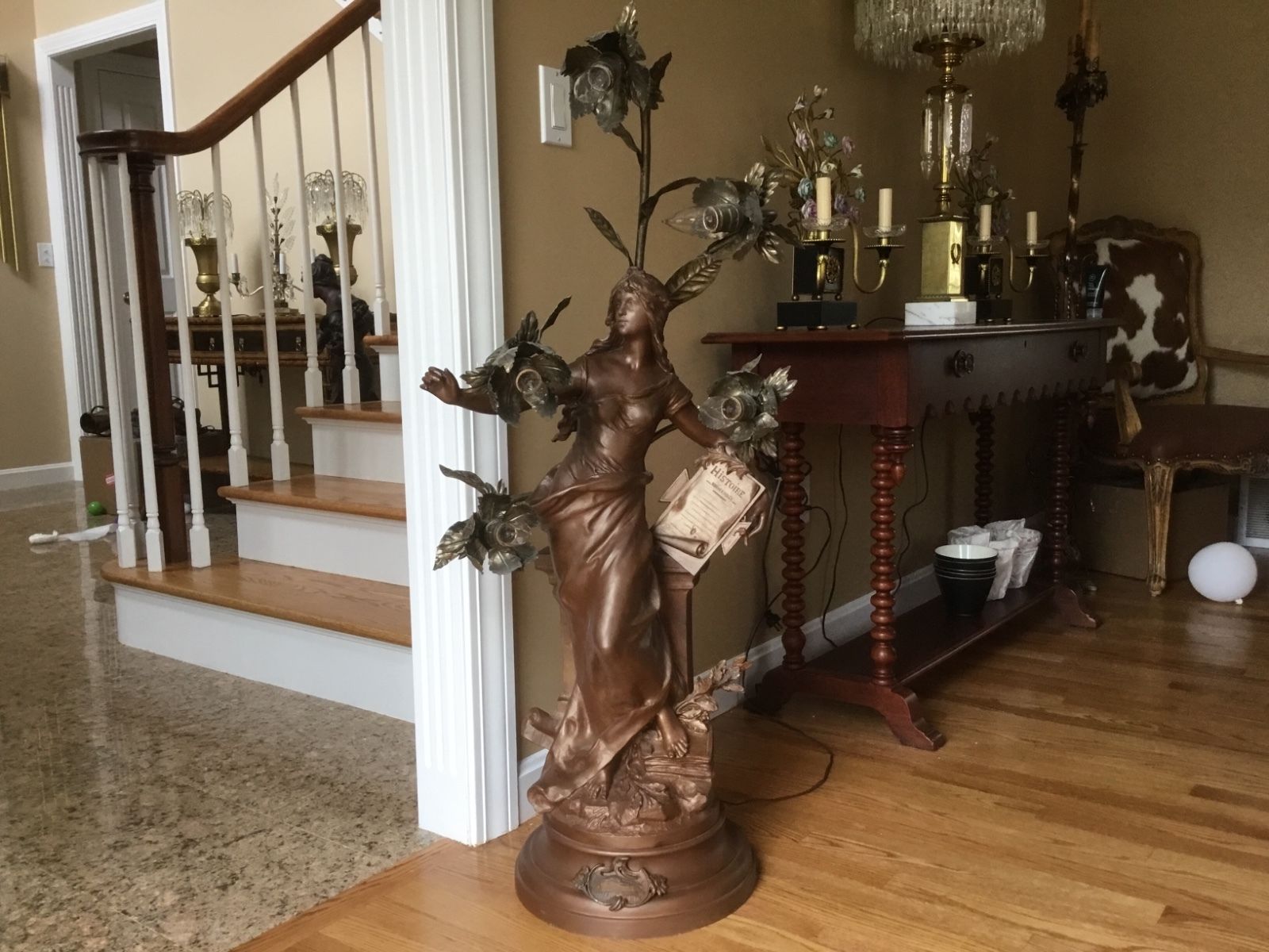 Antique Art Nouveau Moreau Spelter French Figural Newel Post Statue Lamp Huge