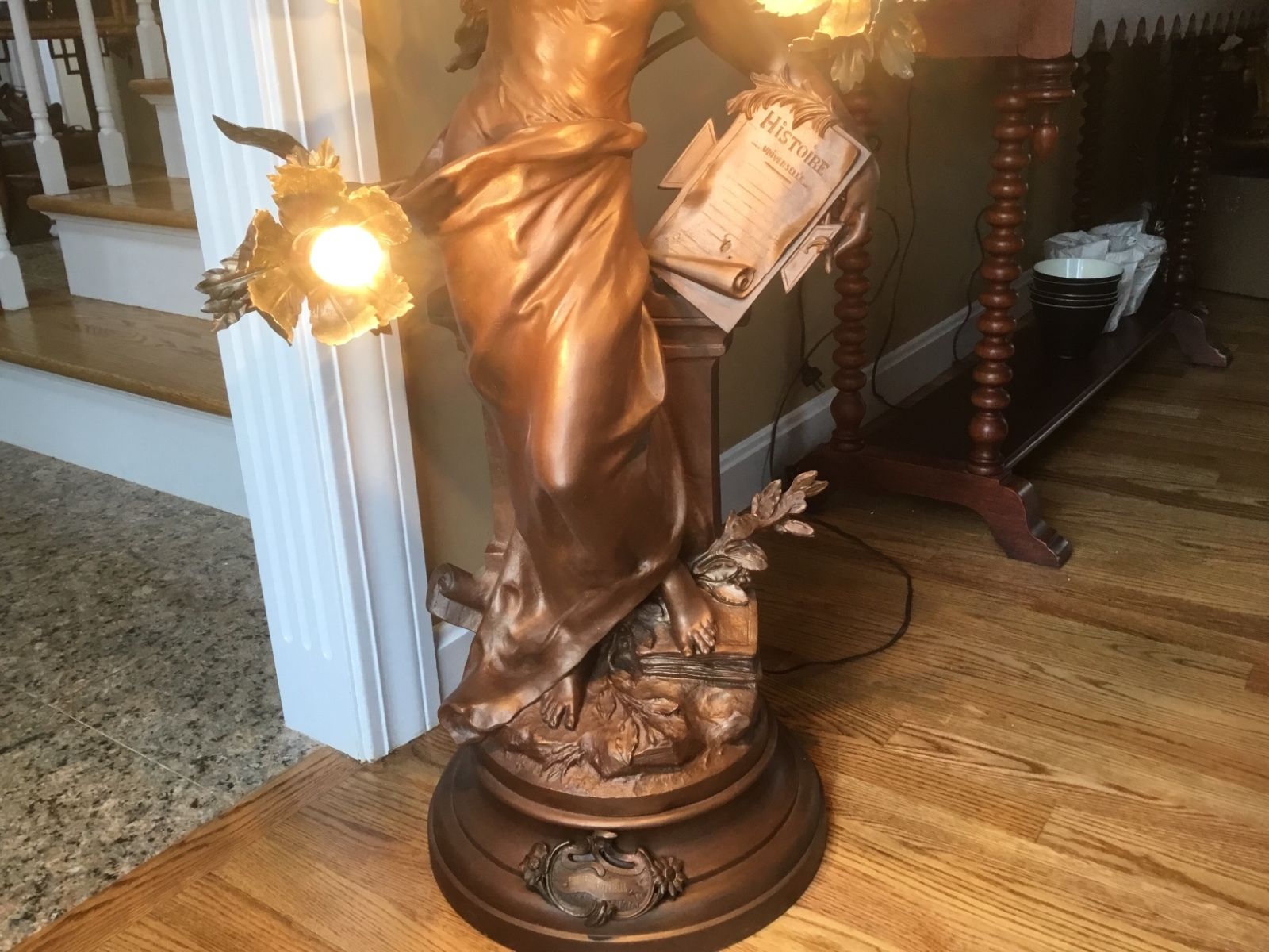 Antique Art Nouveau Moreau Spelter French Figural Newel Post Statue Lamp Huge