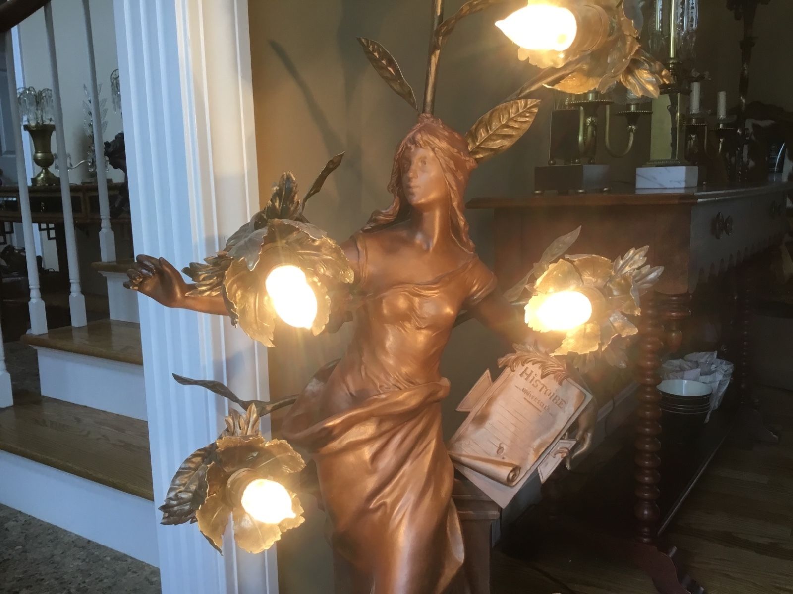 Antique Art Nouveau Moreau Spelter French Figural Newel Post Statue Lamp Huge