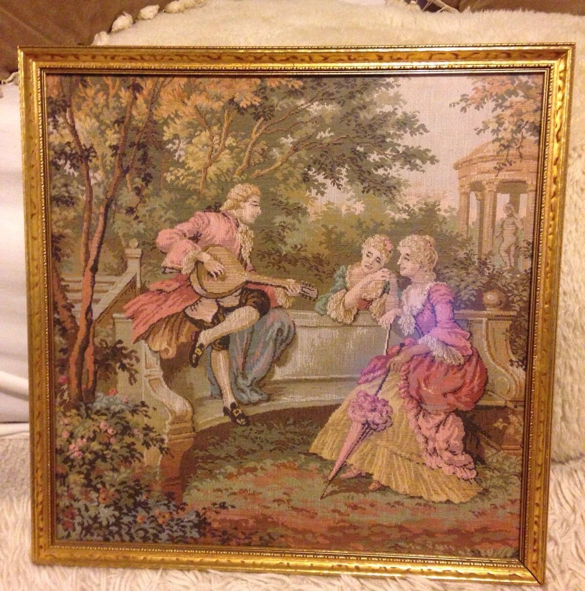 Antique Vintage Victorian Courtship Hand Loomed Tapestry Needlepoint Gold Framed