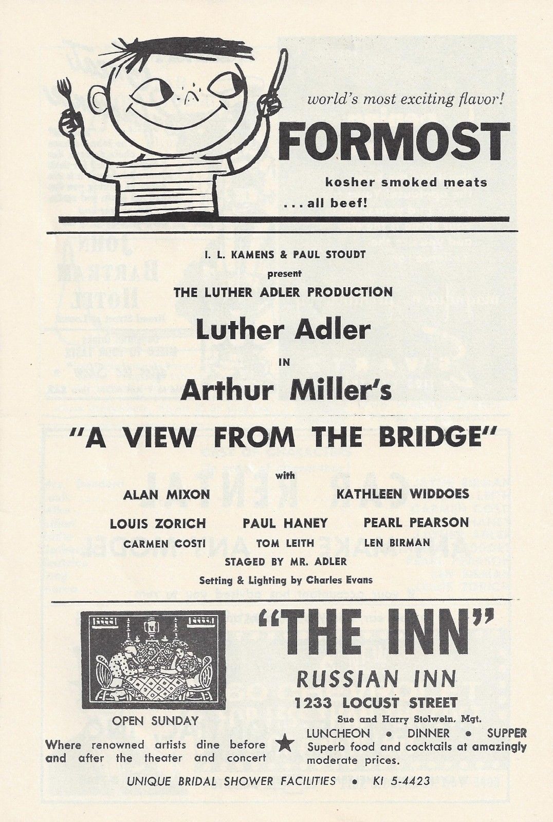 Arthur Miller's "A VIEW FROM THE BRIDGE" Luther Adler 1960 Philadelphia Playbill