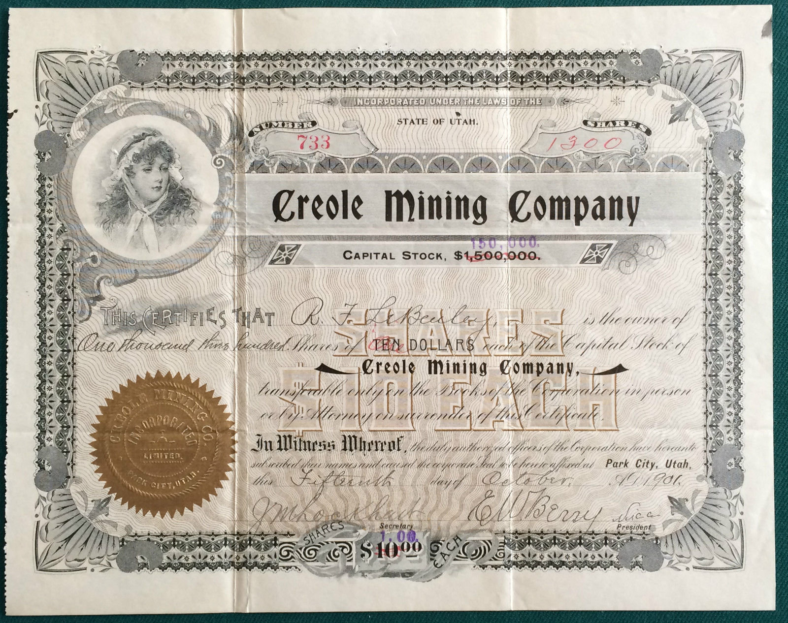 Uncommon Stock - 1901 Creole Mining Company - Park City Utah - $1300