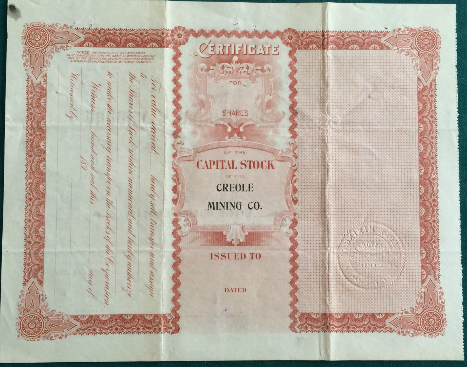 Uncommon Stock - 1901 Creole Mining Company - Park City Utah - $1300