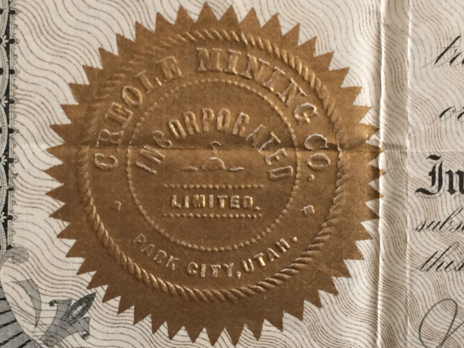 Uncommon Stock - 1901 Creole Mining Company - Park City Utah - $1300