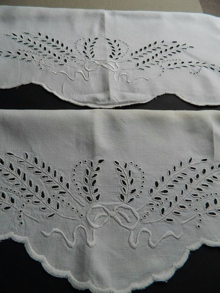 Antique pair white Irish linen pillowcases with hand embroidery & scallop edges
