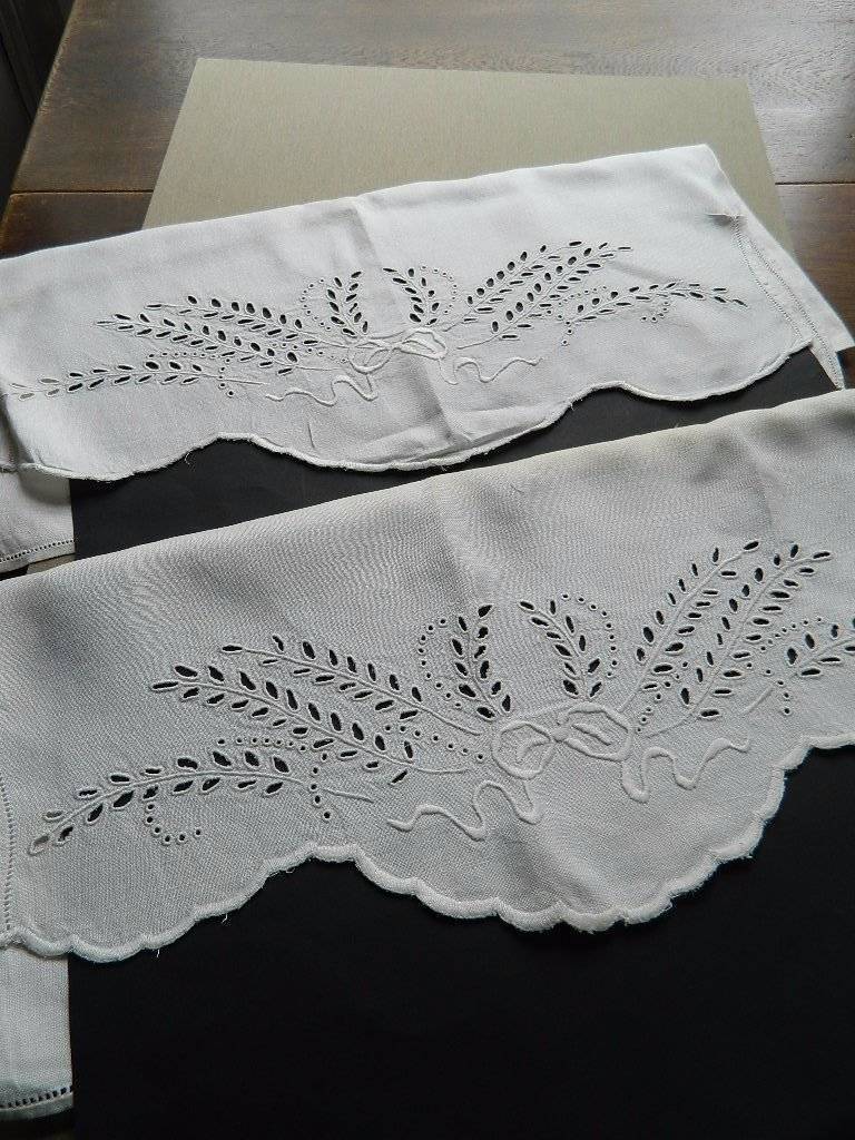 Antique pair white Irish linen pillowcases with hand embroidery & scallop edges