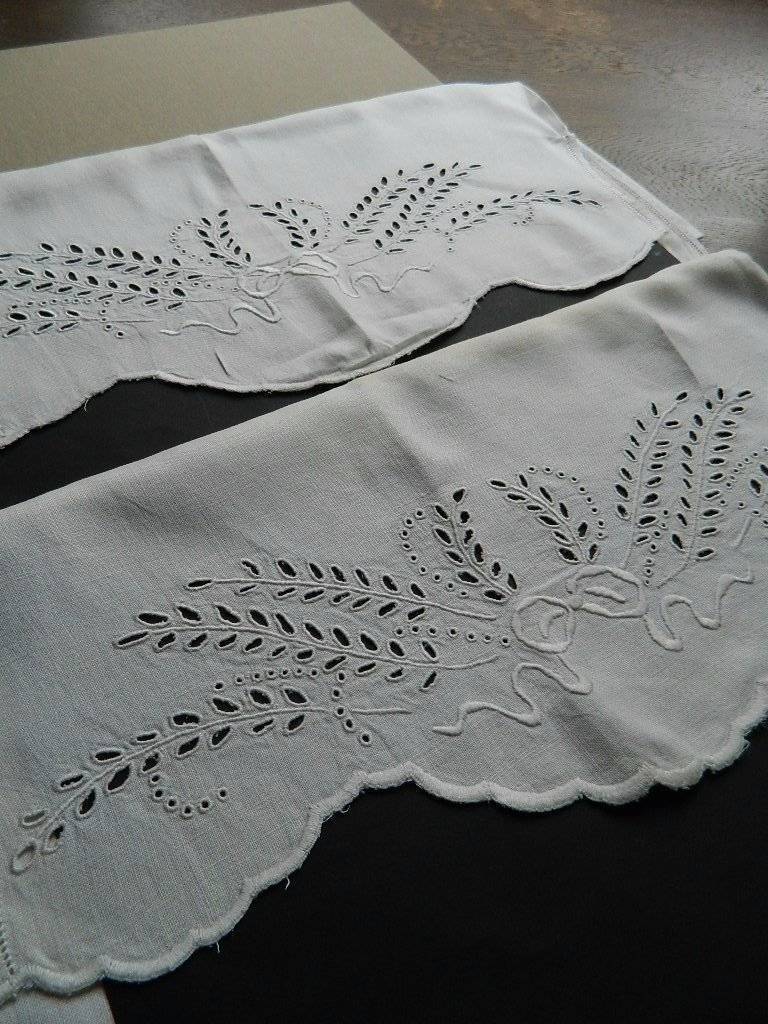 Antique pair white Irish linen pillowcases with hand embroidery & scallop edges