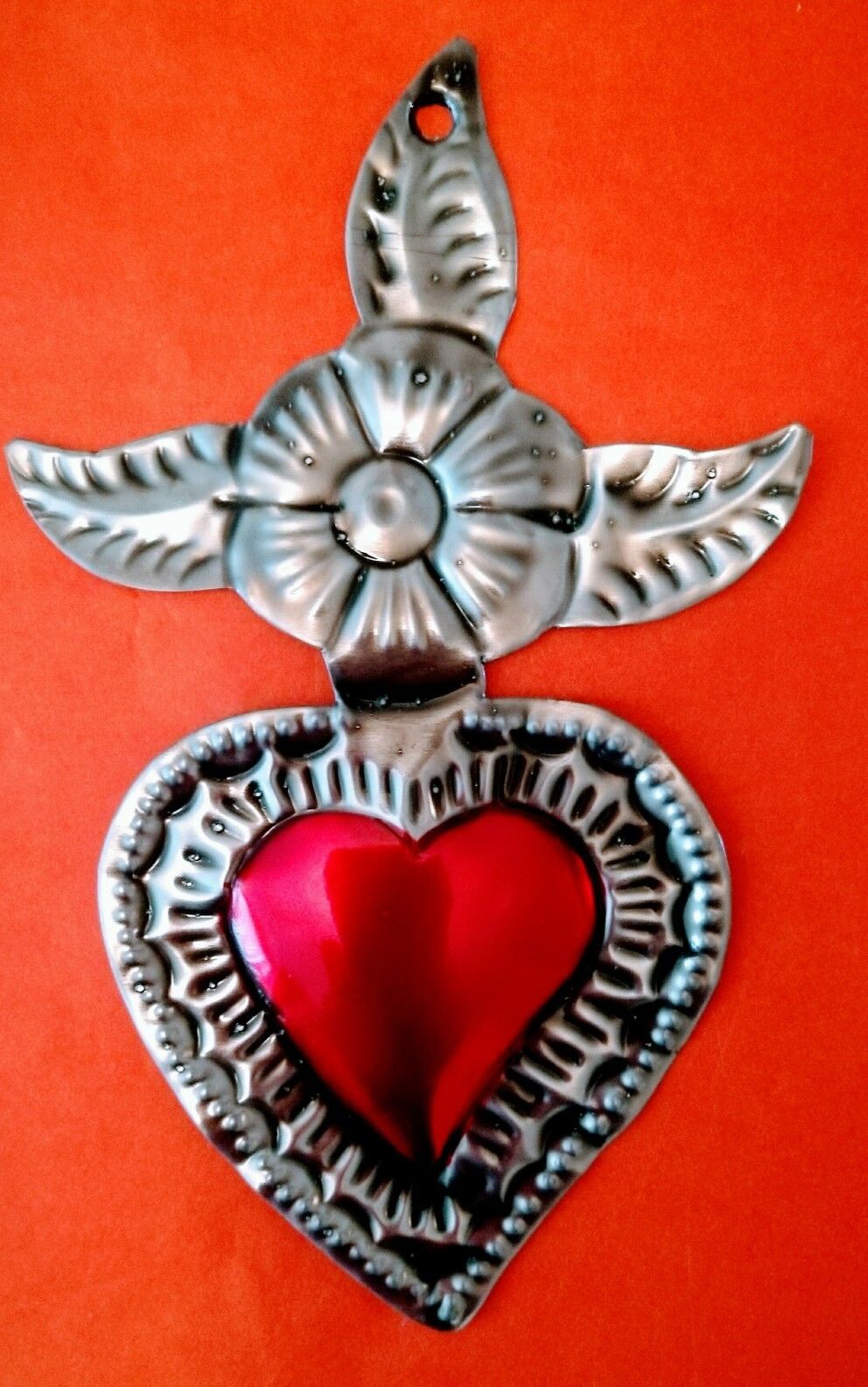 Authentic Mexican Tin Folk Art Heart  with Flower Milagro Antiqued Patina Oaxaca