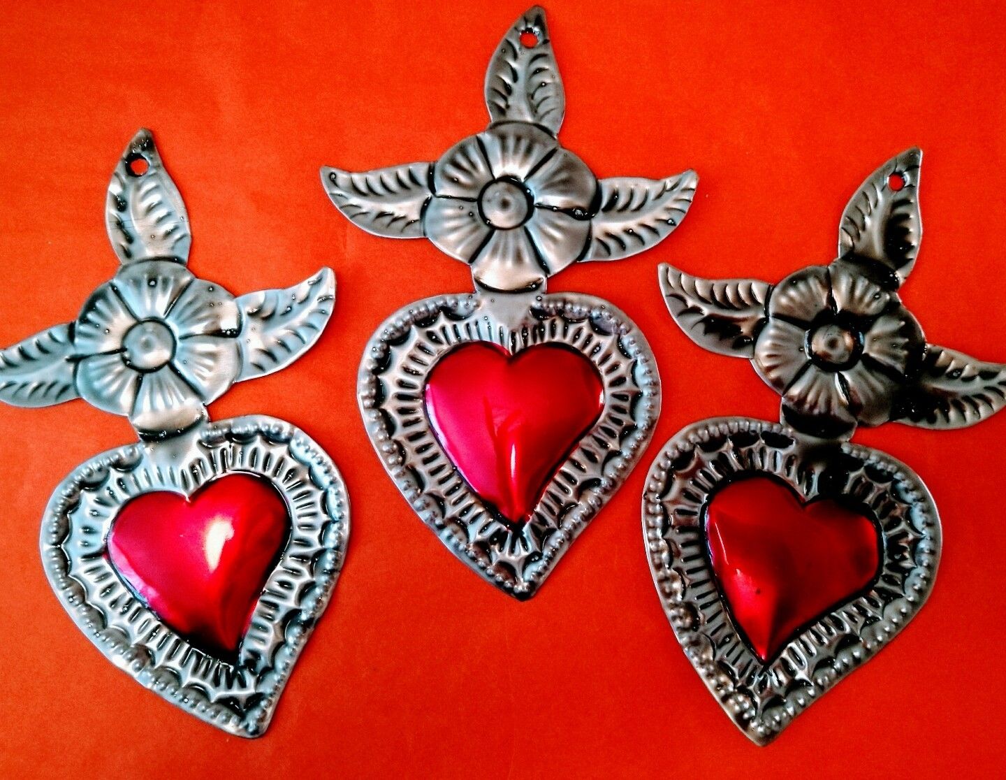 Authentic Mexican Tin Folk Art Heart  with Flower Milagro Antiqued Patina Oaxaca