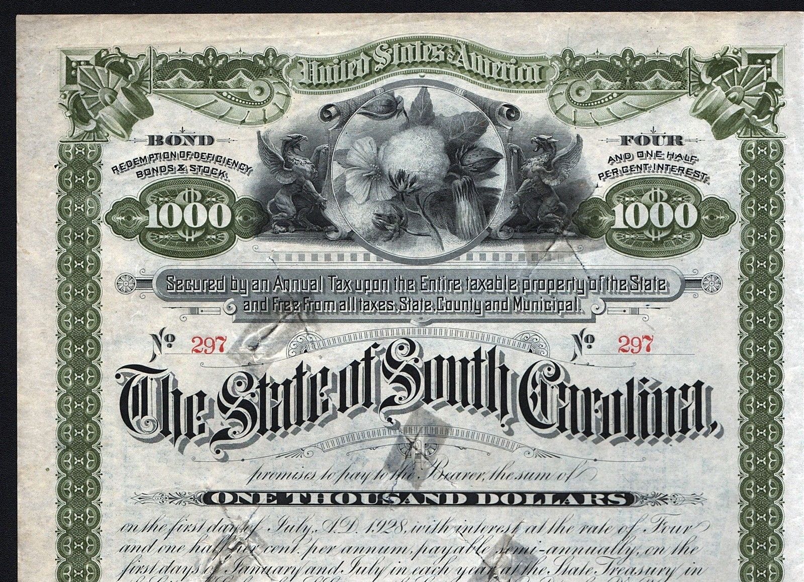 1887 The State of South Carolina - $1000 Bond