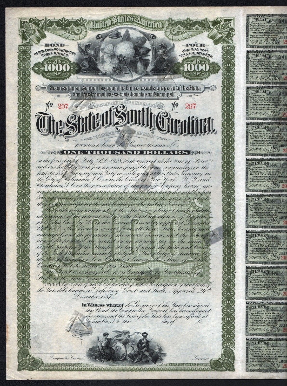 1887 The State of South Carolina - $1000 Bond