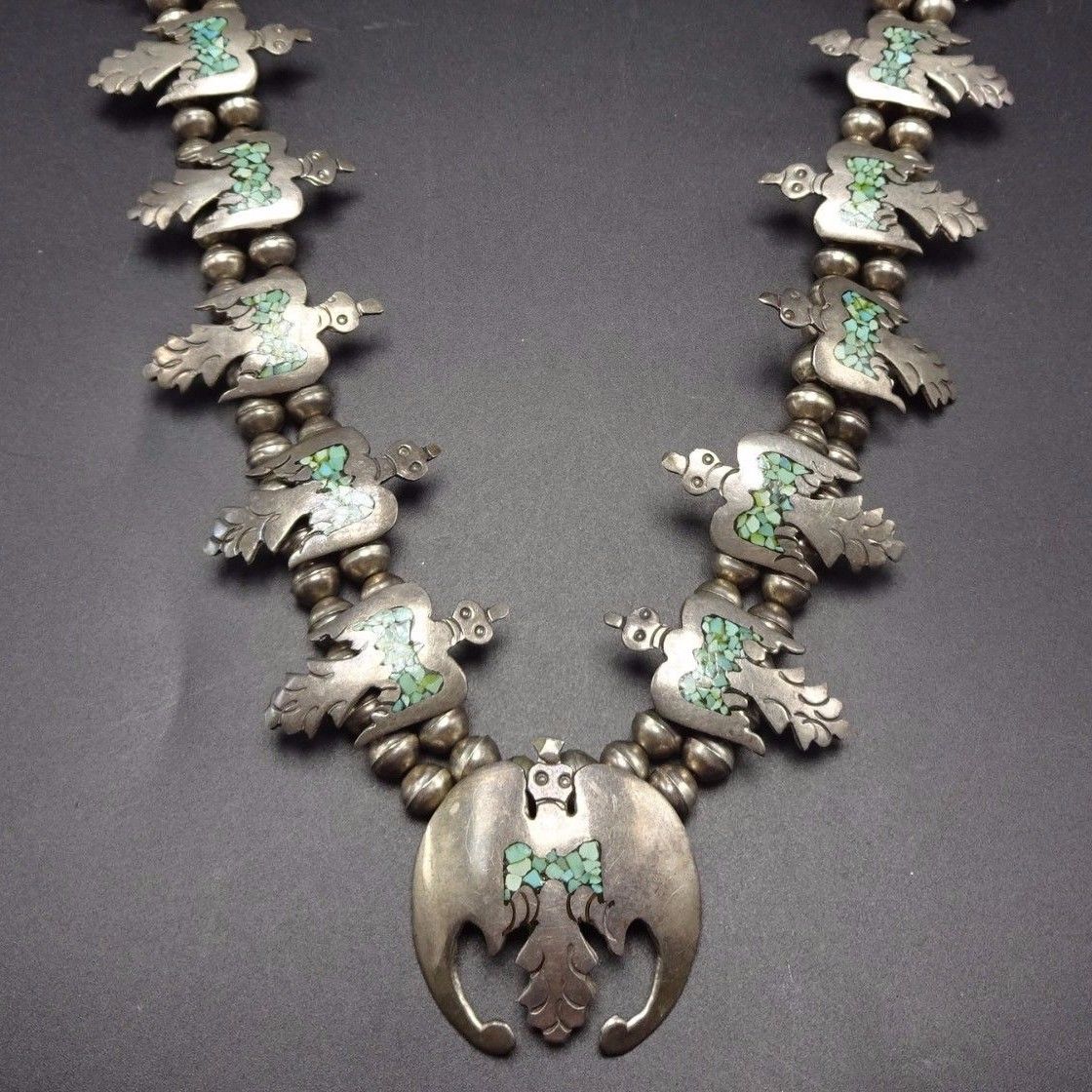 Vintage NAVAJO Sterling Silver & Turquoise Chip Inlay SQUASH BLOSSOM Necklace