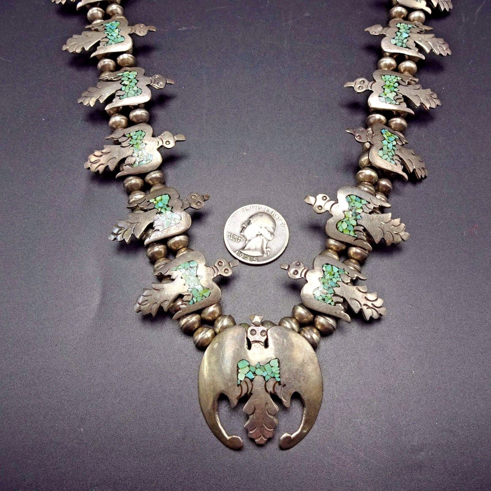 Vintage NAVAJO Sterling Silver & Turquoise Chip Inlay SQUASH BLOSSOM Necklace