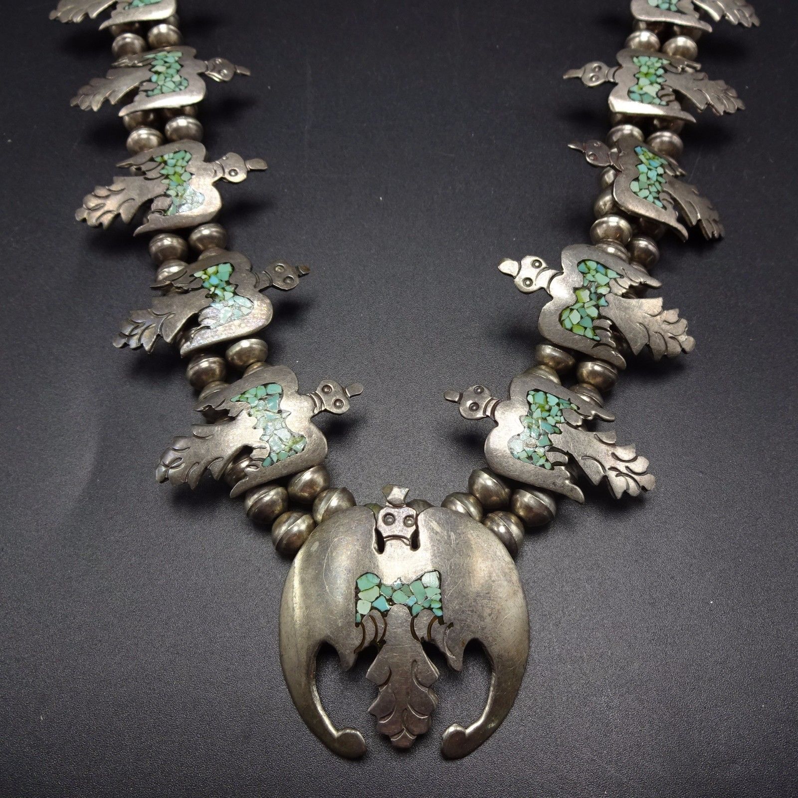 Vintage NAVAJO Sterling Silver & Turquoise Chip Inlay SQUASH BLOSSOM Necklace