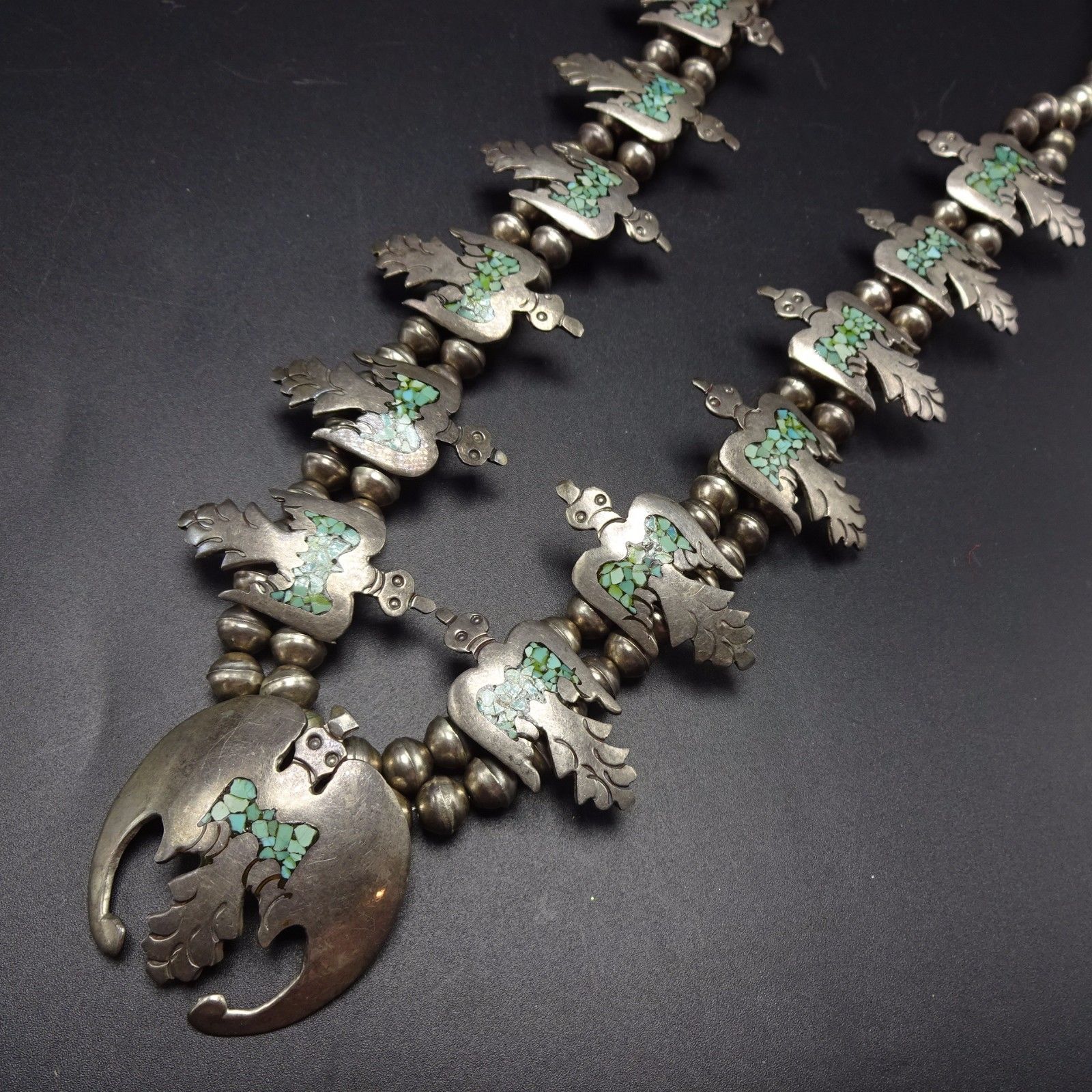 Vintage NAVAJO Sterling Silver & Turquoise Chip Inlay SQUASH BLOSSOM Necklace