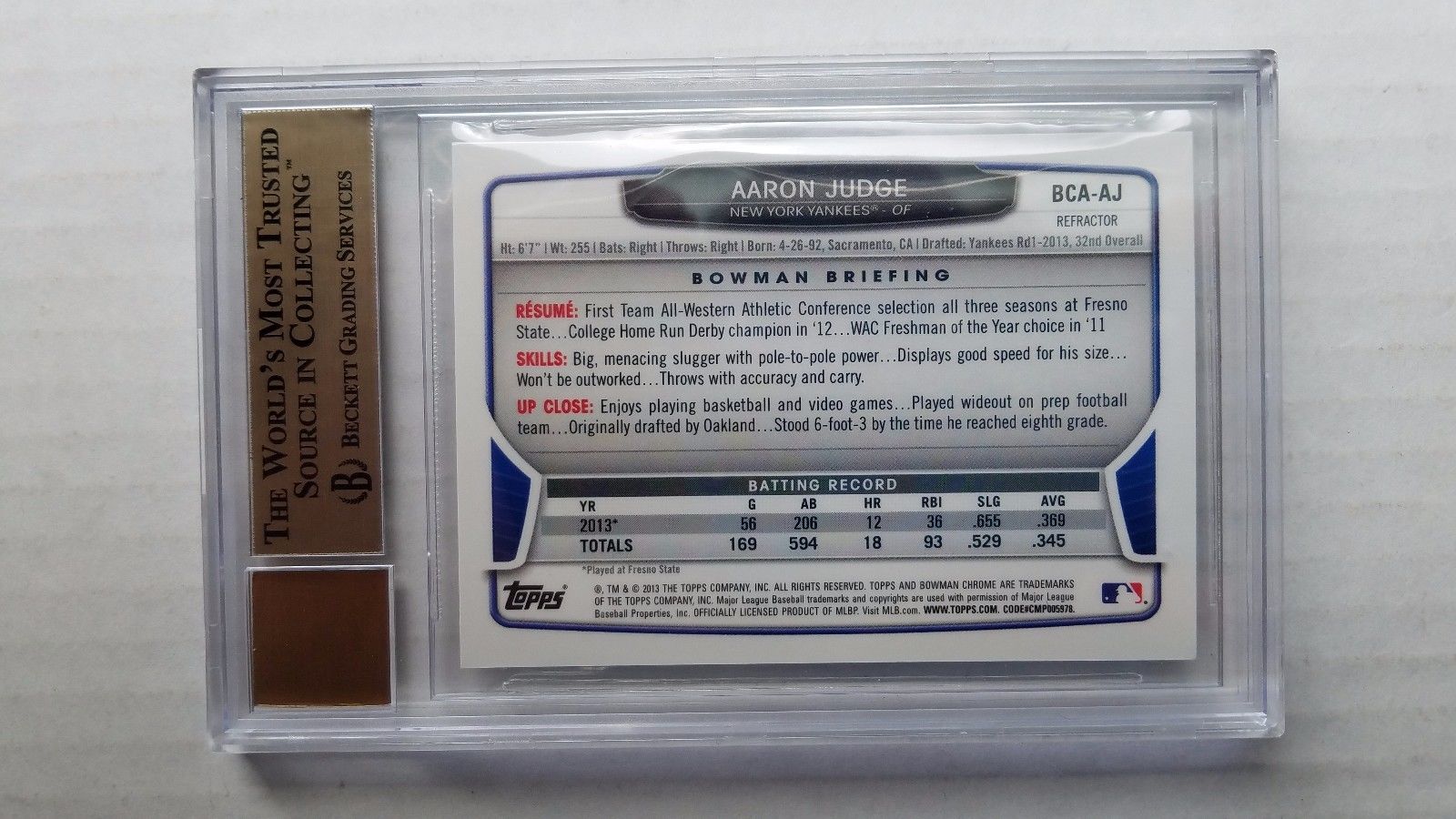 2013 Bowman Chrome Refractor Aaron Judge RC Rookie Signed AUTO BGS 9.5 GEM MINT