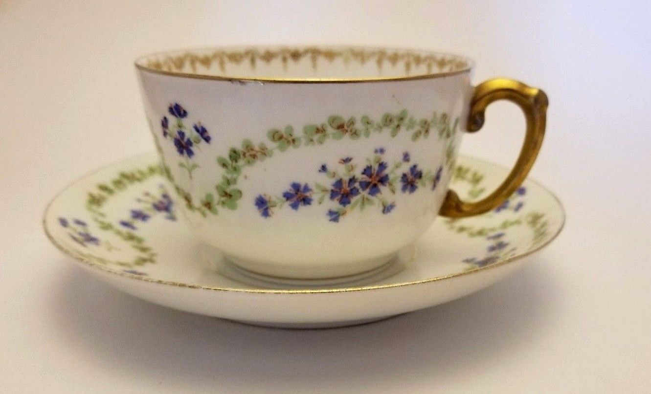 RARE DELINIERES & CO LIMOGES FRANCE CHINA TEA CUP/SAUCER SET  LATE 1800's