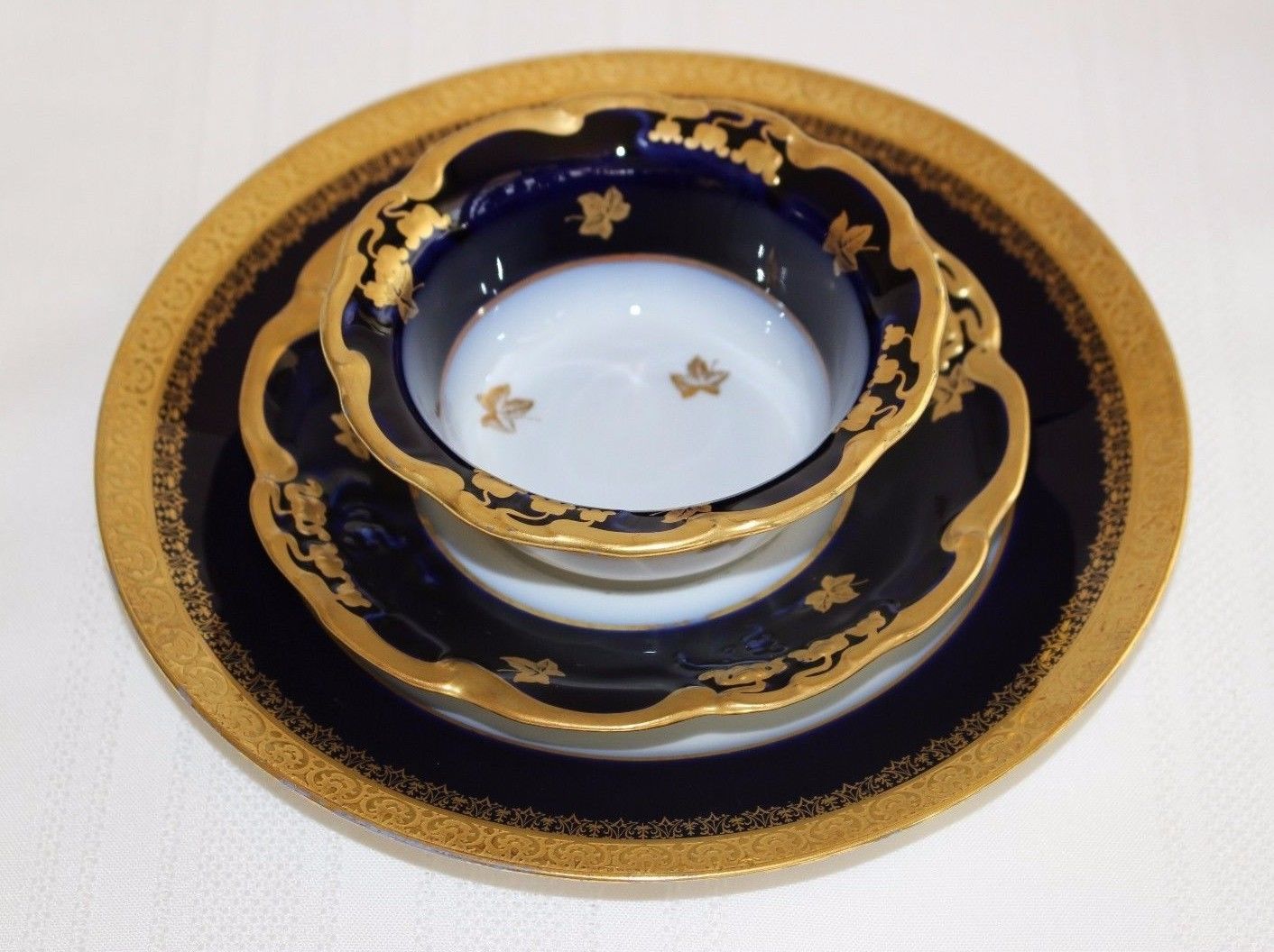 18pc. Cobalt Blue LIMOGES Porcelain bowl /custard cup saucer salad plate lot set