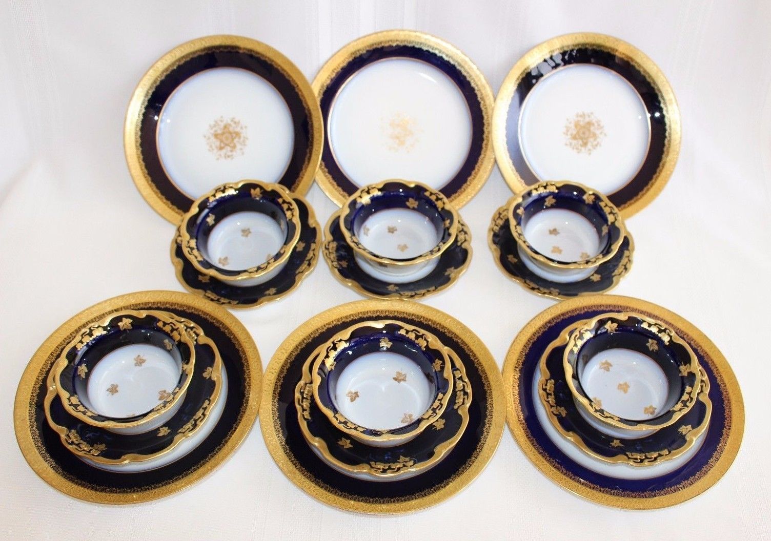 18pc. Cobalt Blue LIMOGES Porcelain bowl /custard cup saucer salad plate lot set