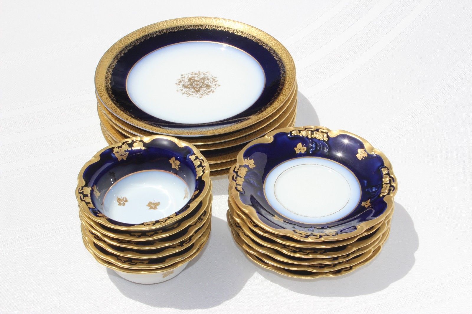 18pc. Cobalt Blue LIMOGES Porcelain bowl /custard cup saucer salad plate lot set