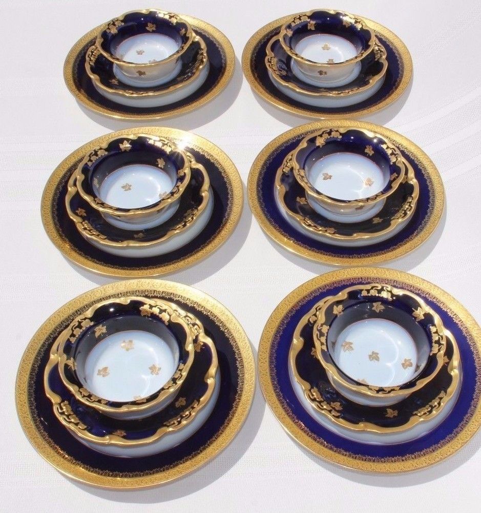 18pc. Cobalt Blue LIMOGES Porcelain bowl /custard cup saucer salad plate lot set