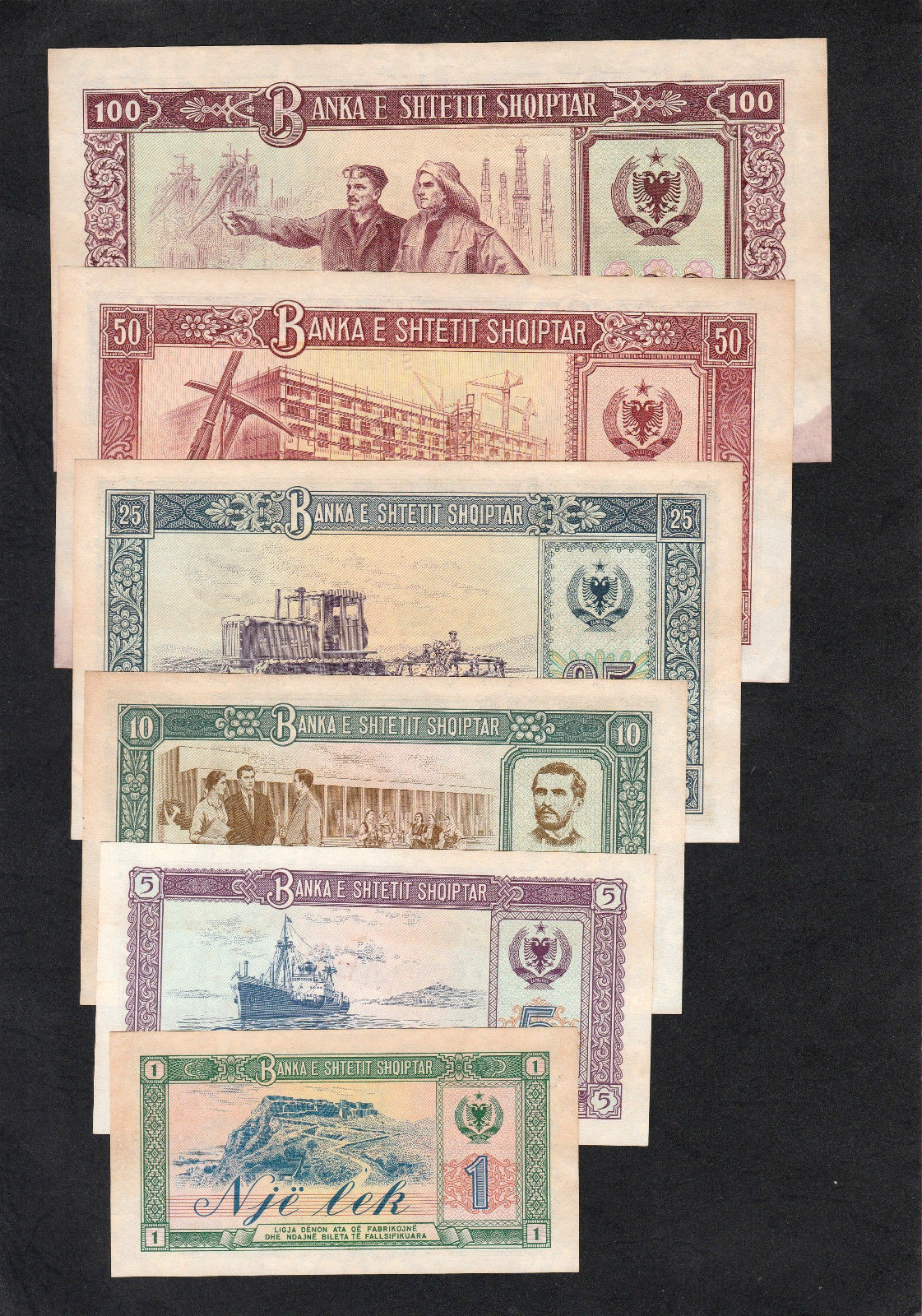 Albania 1 5 10 25 50 & 100 Leke (1976) Specimen Set 6pcs - UNC Toning