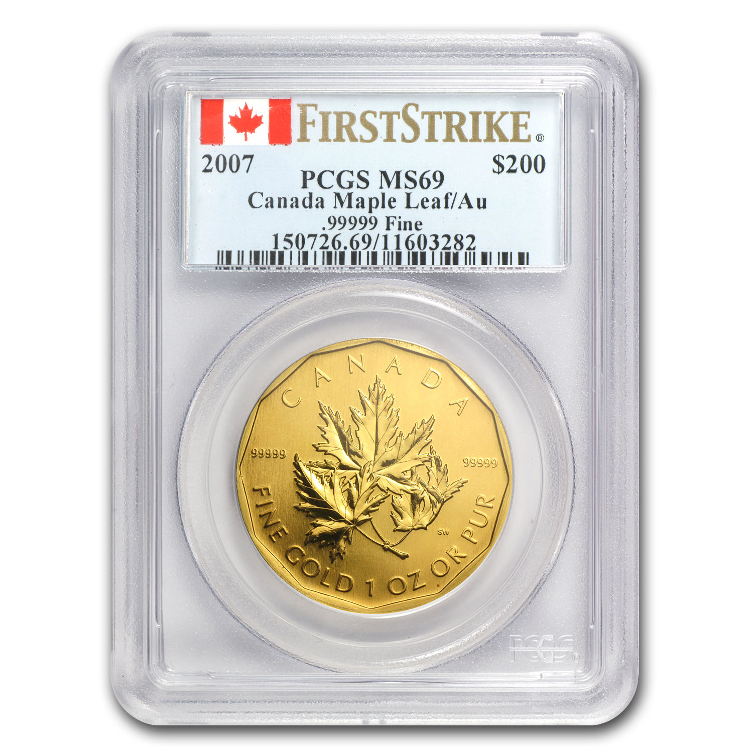 2007 1 oz Gold Canadian Maple Leaf .99999 Fine - MS-69 First Strike PCGS