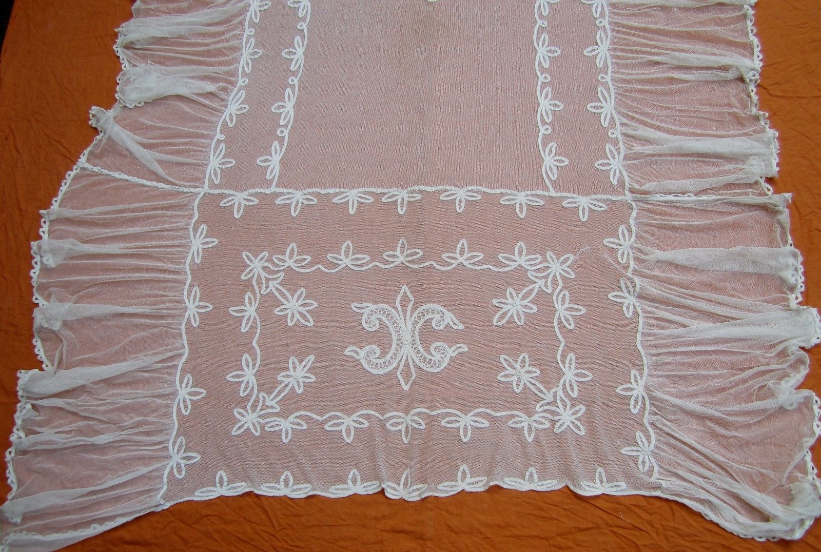 Antique Tambour French net lace coverlet 110" x 76"