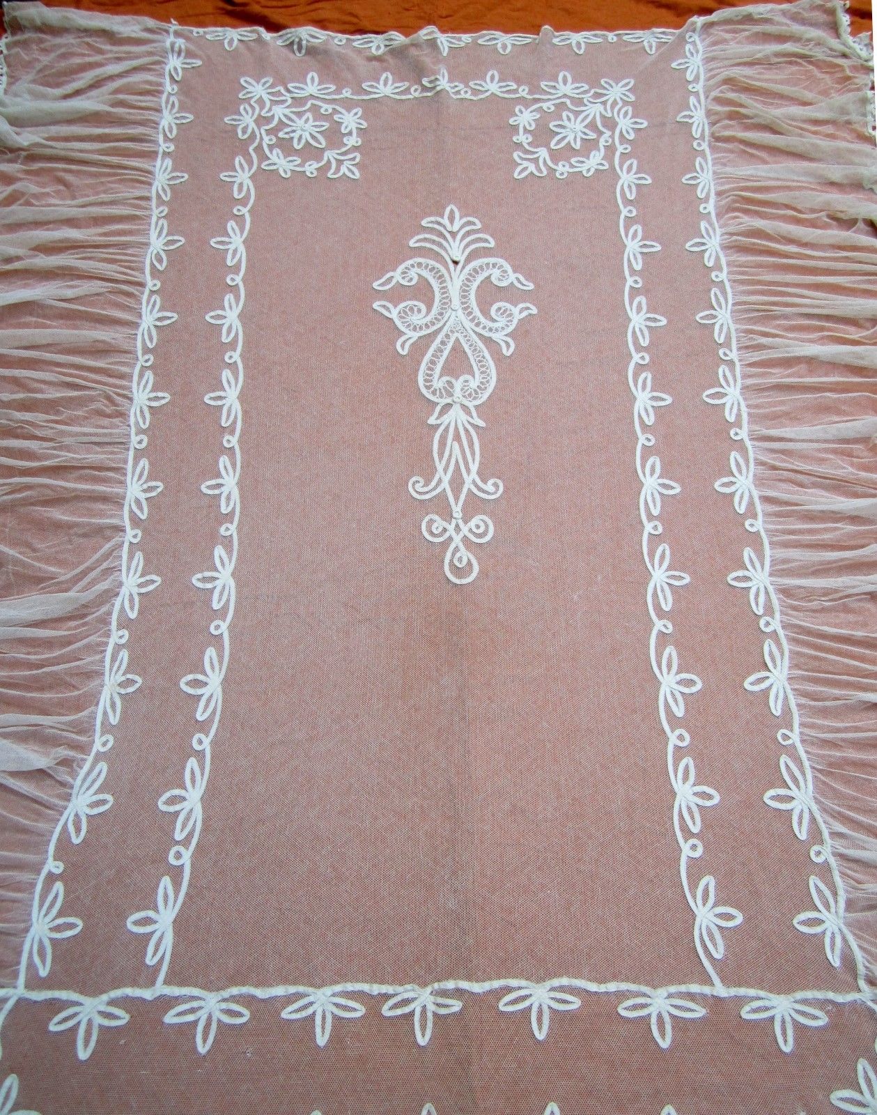 Antique Tambour French net lace coverlet 110" x 76"