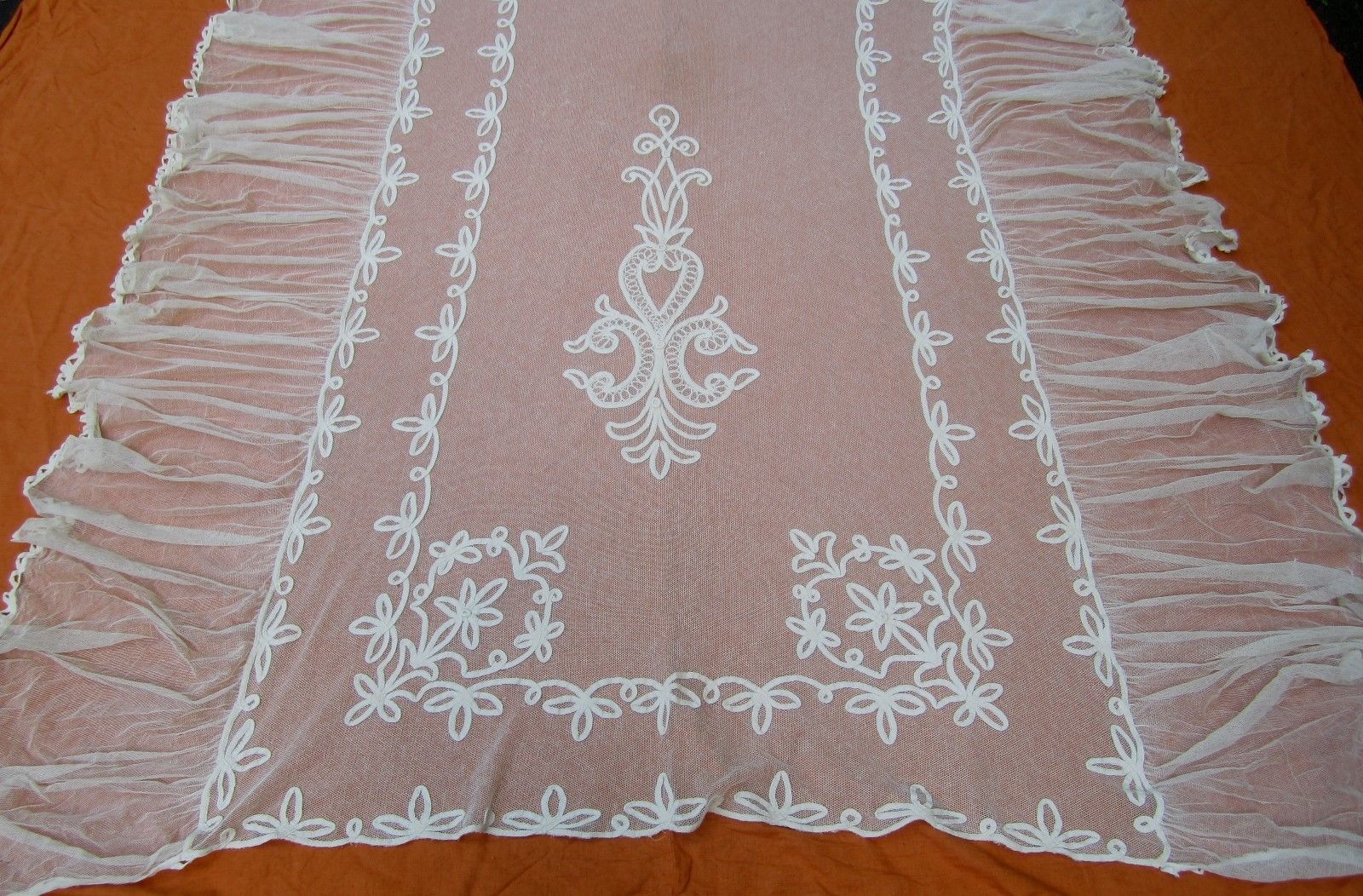 Antique Tambour French net lace coverlet 110" x 76"